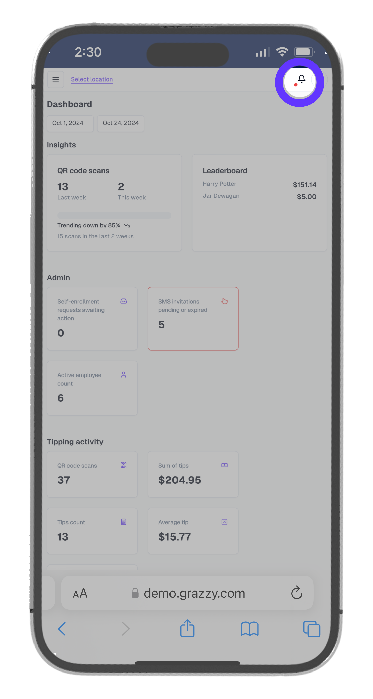 Grazzy mobile dashboard - notification highlight.png